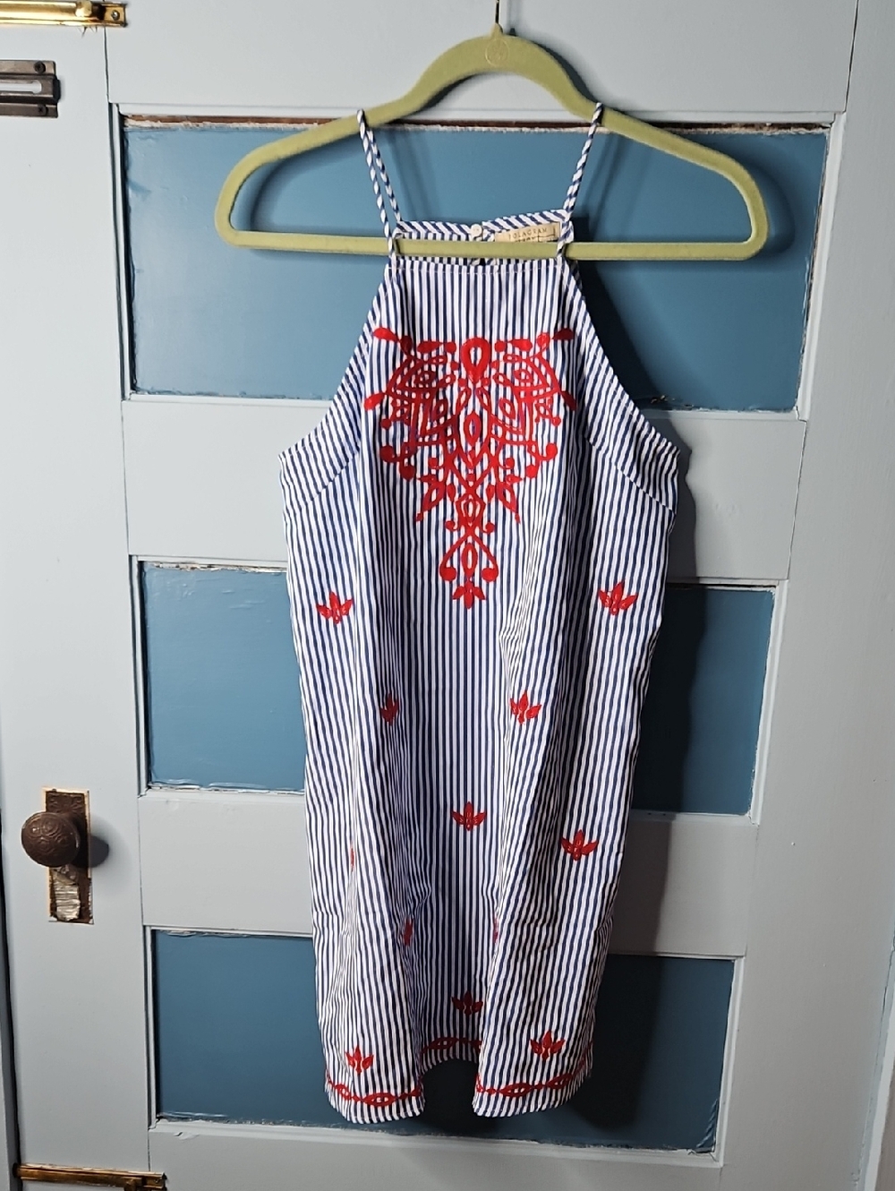 Polagram Navy Stripe Halter Dress with Red Embroidery Small
